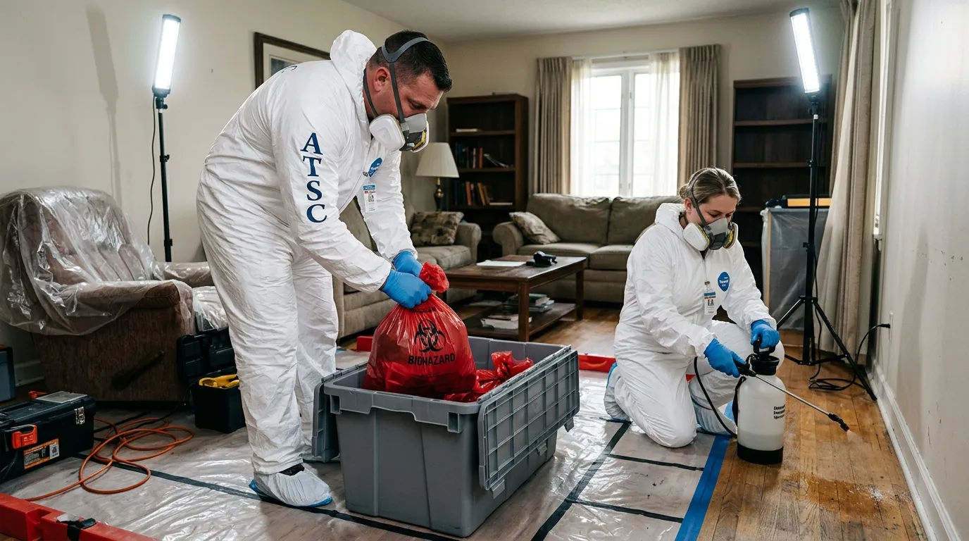 Professional Biohazard Cleanup technician in full PPE working in Marina del Rey